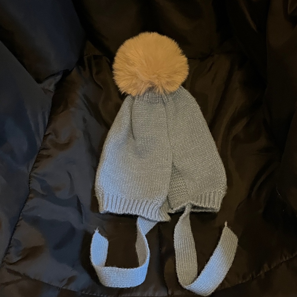 Cozy Blue Knit Kids Hat with Tan Pom Pom
